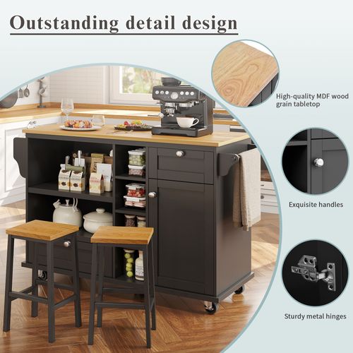 Chariot De Cuisine - Noir - 129x46x96 Cm - Bois Clair - Tiroirs Et Placards