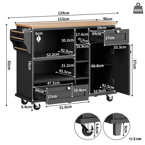 Chariot De Cuisine - Noir - 129x46x96 Cm - Bois Clair - Tiroirs Et Placards