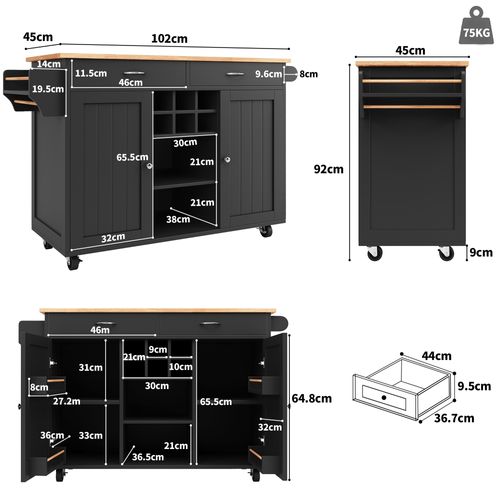 Îlot De Cuisine - Noir - Mdf Et Métal - Roulettes Pivotantes - 102x45x92 Cm