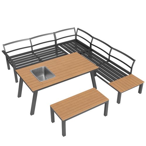 Ensemble Salon De Jardin 6-7 Places - Acier Galvanisé, Table Avec Bac à Glaçons, Gris