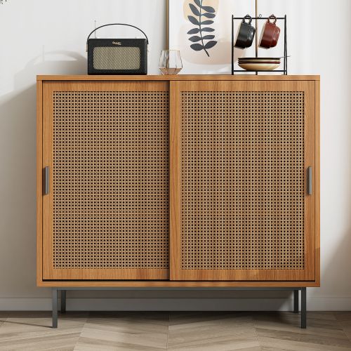 Buffet De Rangement Avec 2 Portes Coulissantes-étagère Réglable-pour Le Salon-naturel