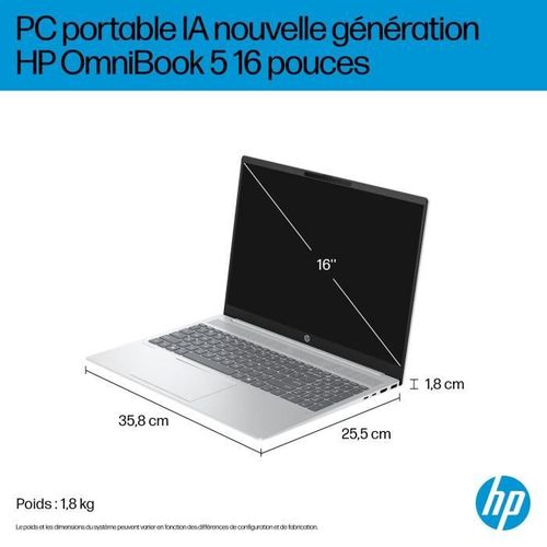 PC Portable  Omnibook 5 16-bc1001nf - Windows 11 - 16 2k Ips - Ryzen 7 8840u - Ram 16go - Stockage