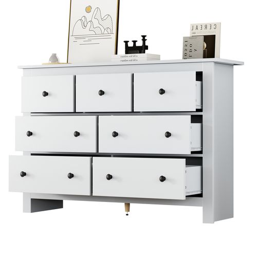 Commode Moderne-meuble Bar à 7 Tiroirs Pour Entrée, Cuisine, Salle à Manger Et Salon-blanc