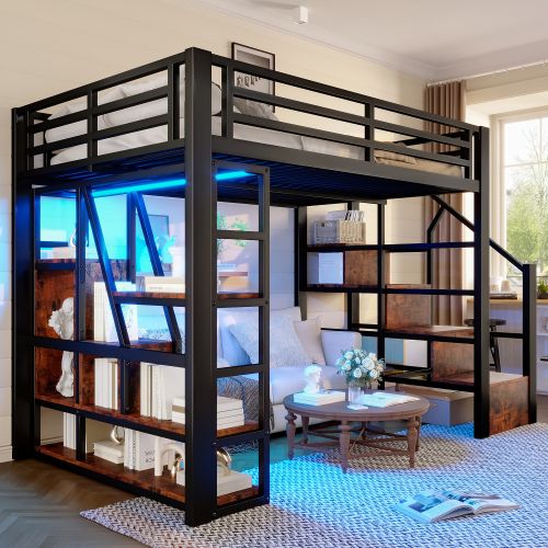 Lit Mezzanine 140x200cm-compartiment De Rangement-éclairage LED-structure En Fer-Noir