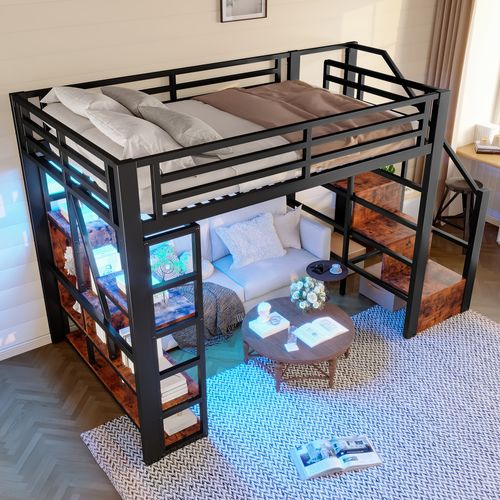 Lit Mezzanine 140x200cm-compartiment De Rangement-éclairage LED-structure En Fer-Noir