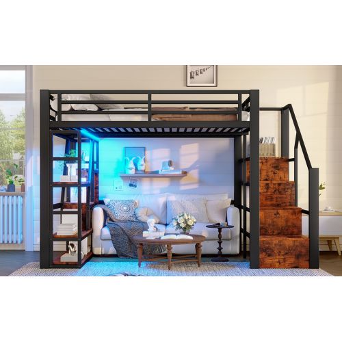 Lit Mezzanine 140x200cm-compartiment De Rangement-éclairage LED-structure En Fer-Noir