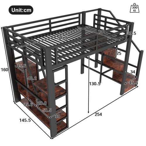 Lit Mezzanine 140x200cm-compartiment De Rangement-éclairage LED-structure En Fer-Noir