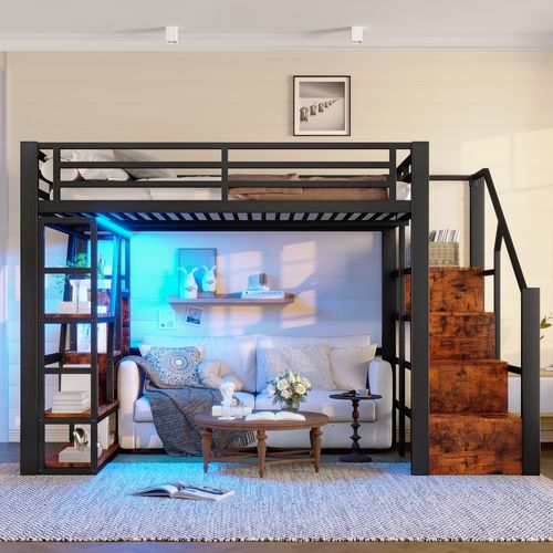 Lit Mezzanine 140x200cm-compartiment De Rangement-éclairage LED-structure En Fer-Noir