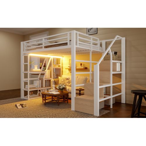Lit Mezzanine 140x200cm-compartiment De Rangement-éclairage LED-structure En Fer-blanc