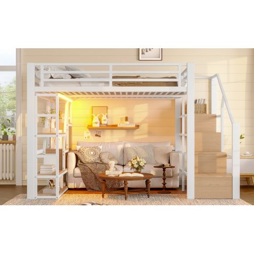 Lit Mezzanine 140x200cm-compartiment De Rangement-éclairage LED-structure En Fer-blanc