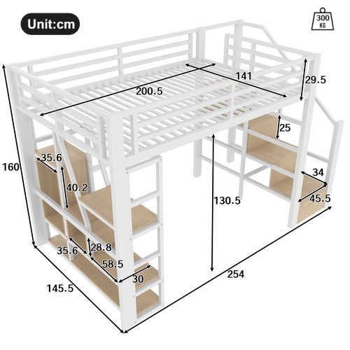 Lit Mezzanine 140x200cm-compartiment De Rangement-éclairage LED-structure En Fer-blanc