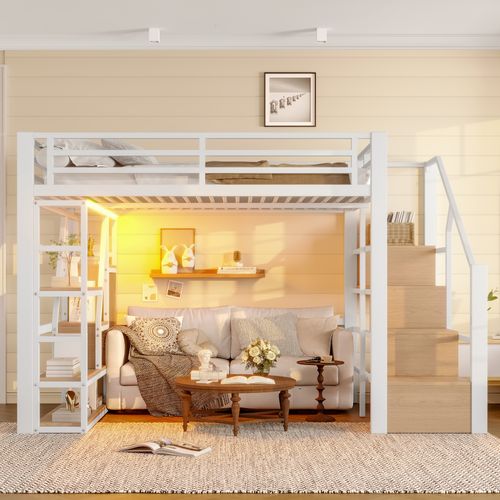 Lit Mezzanine 140x200cm-compartiment De Rangement-éclairage LED-structure En Fer-blanc