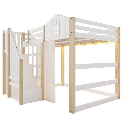 Lit Mezzanine 140x200 Cm-avec Éclairage LED-échelle De Rangement-fenêtre-blanc Et Naturel