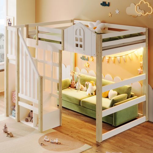 Lit Mezzanine 140x200 Cm-avec Éclairage LED-échelle De Rangement-fenêtre-blanc Et Naturel