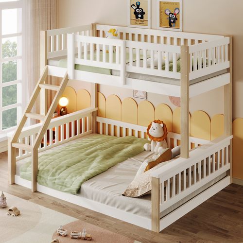 Lit Superposé-90x200cm + 140x200cm-barrière De Lit-lit Enfant-style Simple-blanc Et Naturel