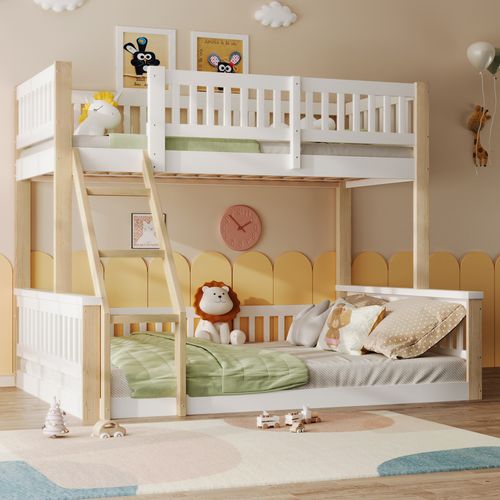 Lit Superposé-90x200cm + 140x200cm-barrière De Lit-lit Enfant-style Simple-blanc Et Naturel