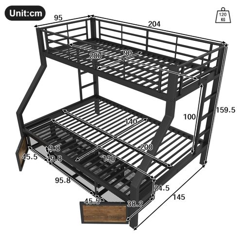 Lit Superposé 90x200 Cm+140x200 Cm-lit Enfant Avec Meuble à Chaussures-certifié En747-noir