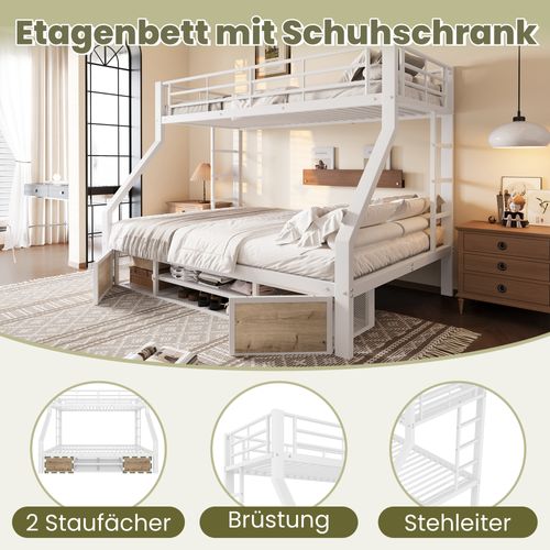 Lit Superposé 90x200 Cm+140x200 Cm-lit Enfant Avec Meuble à Chaussures-certifié En747-blanc