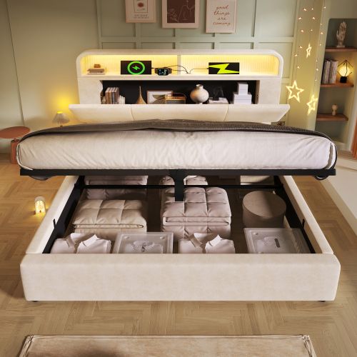 Lit Double 140x190cm-sommier Hydraulique-avec Éclairage LED-usb/type-c-velours-beige