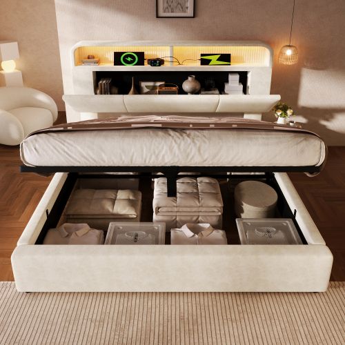 Lit double 160x200cm-sommier Hydraulique-avec Éclairage LED-usb/type-c-velours-beige