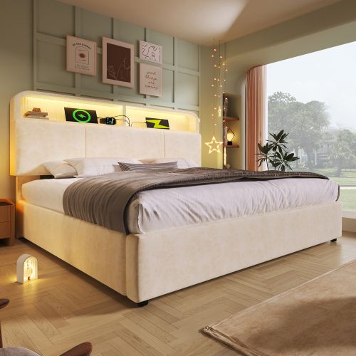 Lit double 180x200cm-sommier Hydraulique-avec Éclairage LED-usb/type-c-velours-beige