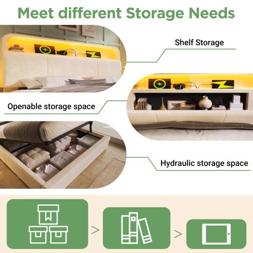 Lit double 180x200cm-sommier Hydraulique-avec Éclairage LED-usb/type-c-velours-beige