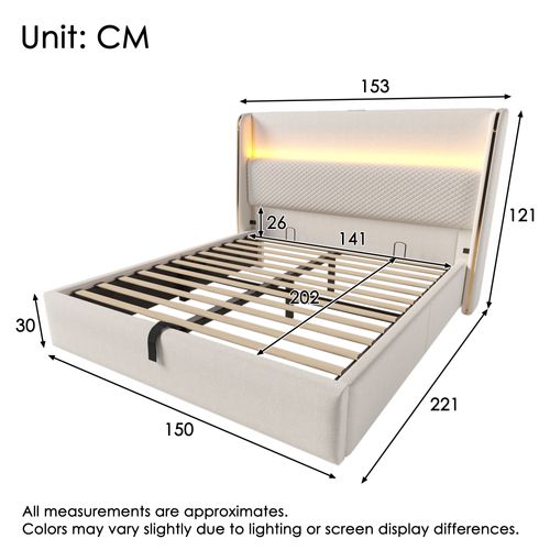 Lit Hydraulique-lit Simple 140x200cm Avec Éclairage LED-rangement-ports USB/type-c-beige
