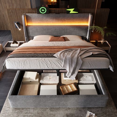 Lit Hydraulique-lit Simple 140x200cm Avec Éclairage LED-rangement-ports USB/type-c-gris