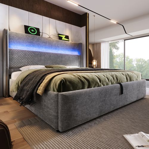Lit Hydraulique-lit Simple 140x200cm Avec Éclairage LED-rangement-ports USB/type-c-gris
