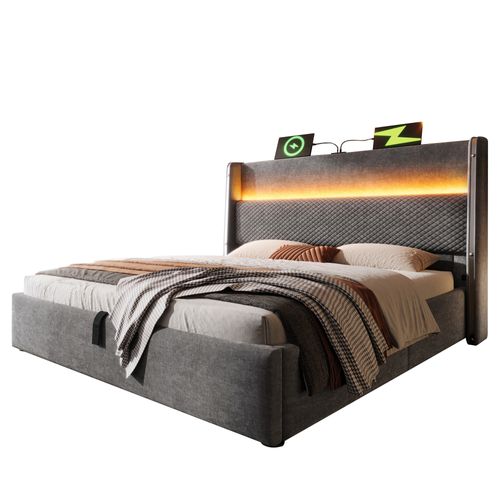 Lit Hydraulique-lit Simple 160x200cm Avec Éclairage LED-rangement-ports USB/type-c-gris
