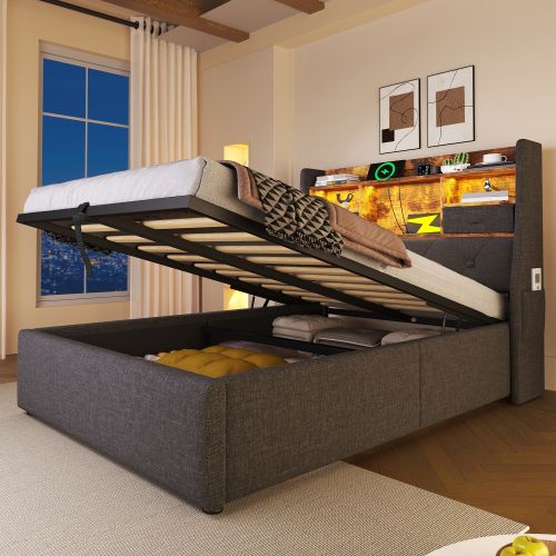 Lit Rembourré 90x200 Cm-avec Rangement Hydraulique-lit Double LED-(usb/type-c)-Gris