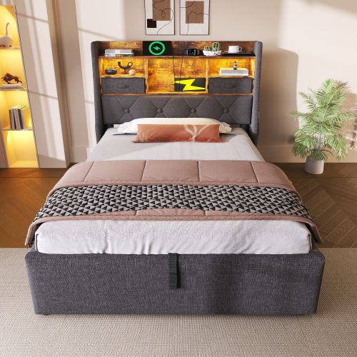 Lit Rembourré 90x200 Cm-avec Rangement Hydraulique-lit Double LED-(usb/type-c)-Gris