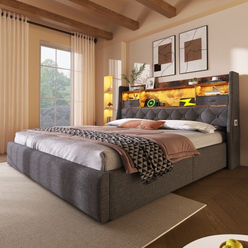 Lit Rembourré 160x200 Cm-avec Rangement Hydraulique-lit Double LED-(usb/type-c)-gris