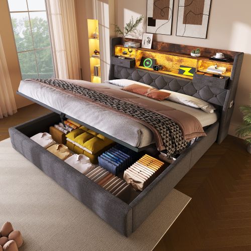 Lit Rembourré 160x200 Cm-avec Rangement Hydraulique-lit Double LED-(usb/type-c)-gris