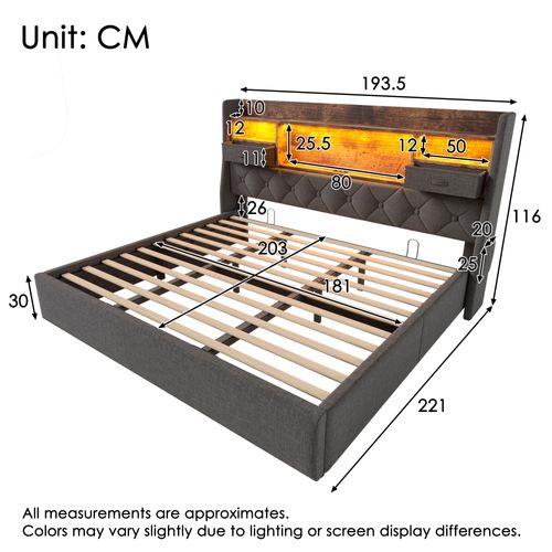 Lit Rembourré 180x200 Cm-avec Rangement Hydraulique-lit Double LED-(usb/type-c)-gris