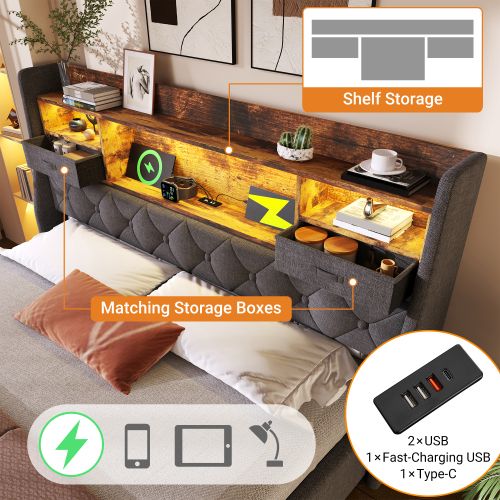 Lit Rembourré 180x200 Cm-avec Rangement Hydraulique-lit Double LED-(usb/type-c)-gris
