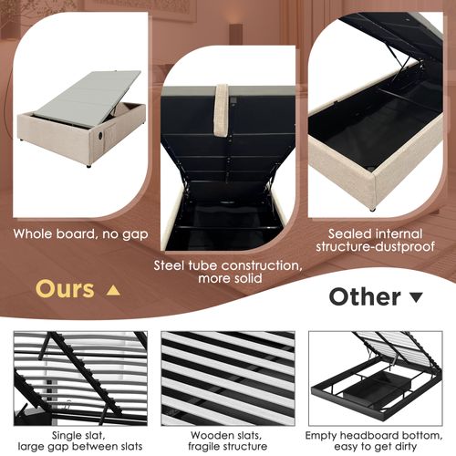 Lit Simple 90×200 Cm-avec Port USB-c-avec Rangement Hydraulique-en Lin-beige