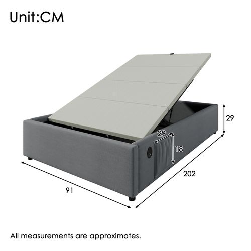 Lit Simple 90×200 Cm-avec Port USB-c-avec Rangement Hydraulique-en Lin-gris
