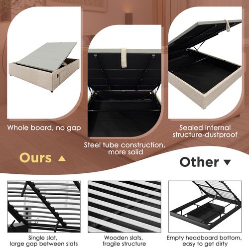 Lit Simple 160×200 Cm-avec Port USB-c-avec Rangement Hydraulique-en Lin-beige