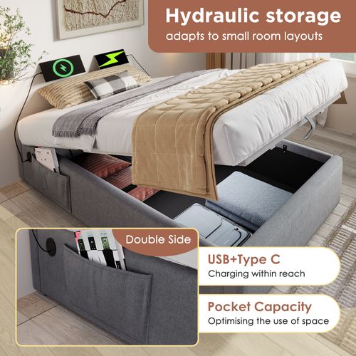Lit Simple 160×200 Cm-avec Port USB-c-avec Rangement Hydraulique-en Lin-gris