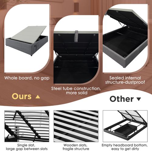 Lit Simple 160×200 Cm-avec Port USB-c-avec Rangement Hydraulique-en Lin-gris