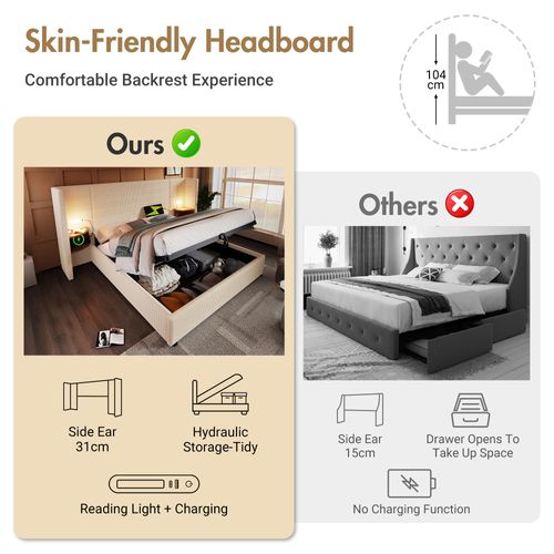 Lit Double 160x200cm-lampe De Lecture-port USB Type-c-système Hydraulique-velours Côtelé-beige