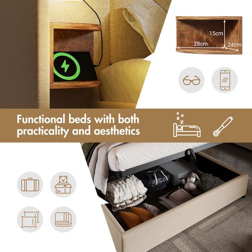 Lit Double 160x200cm-lampe De Lecture-port USB Type-c-système Hydraulique-en Lin-beige