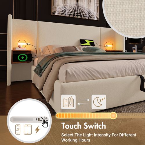Lit Double 160x200cm-lampe De Lecture-port USB Type-c-système Hydraulique-en Lin-beige