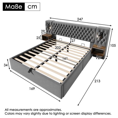 Lit Double 160x200cm-avec Rangement Hydraulique-tables De Chevet Intégrées-en Velours-gris
