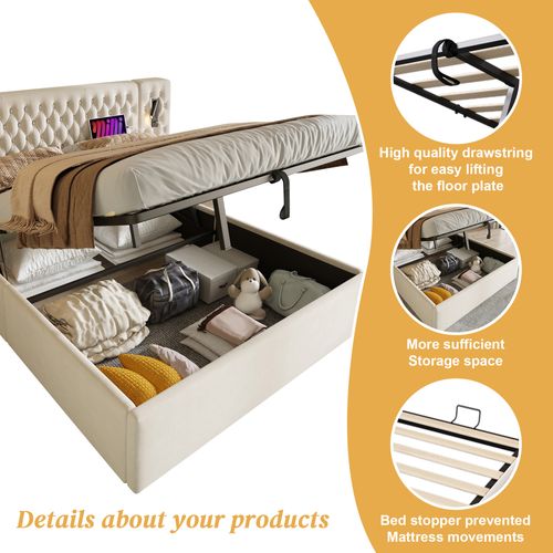 Lit Double 160x200cm-avec Rangement Hydraulique-tables De Chevet Intégrées-en Velours-beige