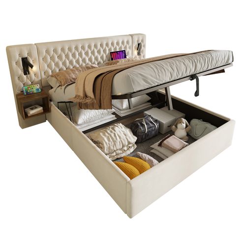 Lit Double 160x200cm-avec Rangement Hydraulique-tables De Chevet Intégrées-en Velours-beige