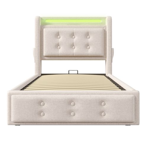 Lit Simple 90x200cm-avec Tête De Lit LED Et Port USB-c-avec Rangement Hydraulique-en Bois-beige