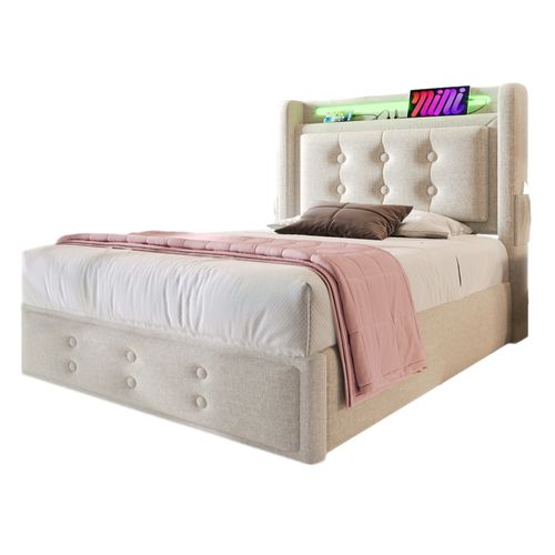 Lit Simple 90x200cm-avec Tête De Lit LED Et Port USB-c-avec Rangement Hydraulique-en Bois-beige