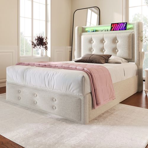 Lit Simple 90x200cm-avec Tête De Lit LED Et Port USB-c-avec Rangement Hydraulique-en Bois-beige